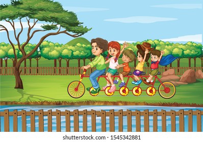 Family riding bike in the park illustration