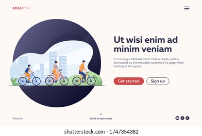 Family riding bikes in city park. Young couple with child cycling outdoors. Vector illustration for urban activity, healthy lifestyle, vacation concept