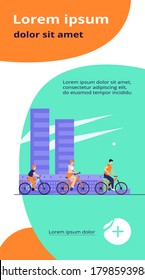 Family riding bikes in city park. Young couple with child cycling outdoors. Vector illustration for urban activity, healthy lifestyle, vacation concept