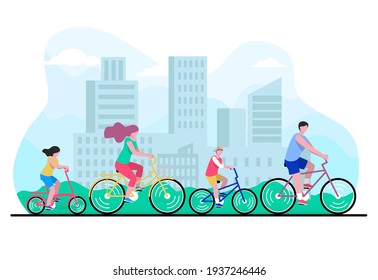 Family riding bikes in city part flat design concept