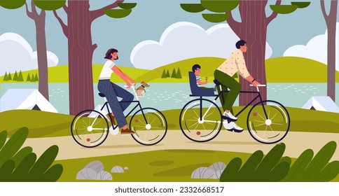 Family riding bikes concept. Woman and man with child travel in environmentally friendly transport. Young couple with boy at bicycle. Active lifestyle and rest. Cartoon flat vector illustration