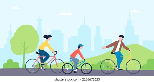 Family riding bikes. Mother kid ride bicycle in city park or forest. Weekend on nature, active outdoor sporting lifestyle. Summertime recent vector scene