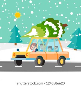 Family riding in a car with  a fur tree loaded, for celebrating Christmas holidays. Vector illustration