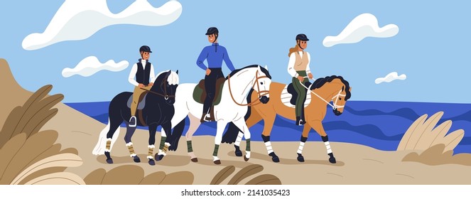 Family riding horse backs, walking on sea coast. Horseback riders, parents and child horseriding together. Happy equestrians, mother, father and kid at stroll in nature. Flat vector illustration