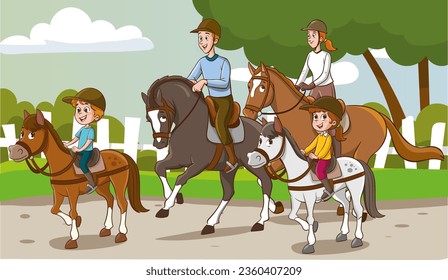 Family riding horse backs, walking on park. Horseback riders, parents and child horseriding together. Happy equestrians, mother, father and kid at stroll in nature. Flat vector illustration