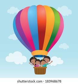 Family Riding A Hot Air Balloon. Vector Illustration Of A Happy Family Riding A Hot Air Balloon.