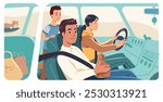 Family riding inside automobile on journey. Mother driving, father person sitting, son child person traveling by car. Vehicle transport interior, auto trip, transportation flat vector illustration