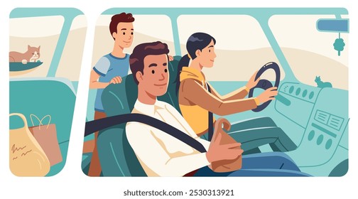 Familia que monta dentro del automóvil en viaje. Madre que conduce, persona del padre que se sienta, persona del hijo que viaja en coche. Interior del transporte del vehículo, viaje auto, Ilustración vectorial plana del transporte