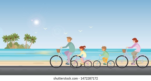 Family are riding on bicycles on beach background. healty life style cartoon Vector illustration.