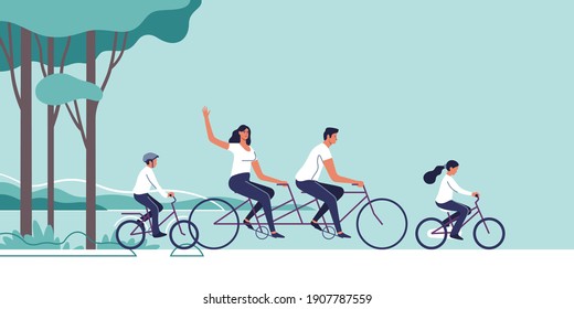 Family are riding on bicycles on the natural landscape background. Vector illustration.