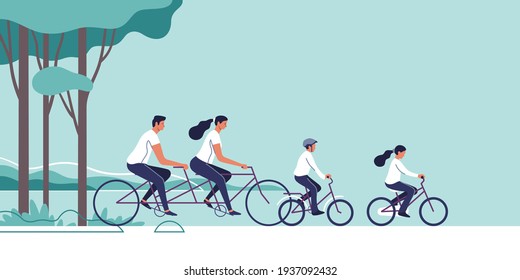 Las familias están montando en bicicleta sobre el paisaje natural de fondo. Ilustración vectorial.