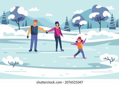 Family riding on a skating rink