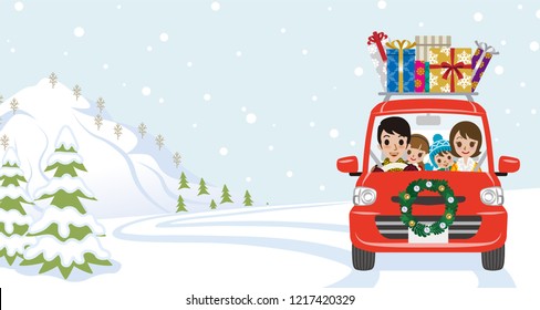 Family riding the red Car which loaded a lot of Christmas gifts in the winter nature - Cartoon style