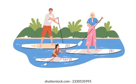 La familia montando tablas de surf juntas. Padres y niños en tablas de surf con pádel, surf, flotando en el agua. Madre, padre e hijo en verano. Ilustración vectorial plana aislada en fondo blanco