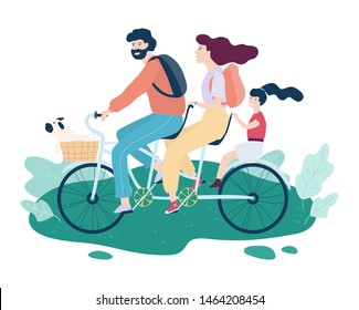 Family riding a tandem bicycle. Happy father, mother and daughter. Healthy outdoor activity. Isolated vector illustration in cartoon style