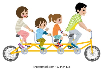 Family riding Tandem Bicycle, Isolated