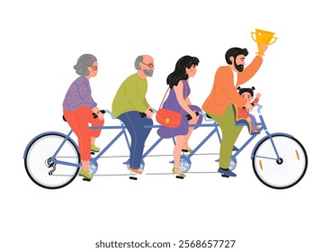 Family riding tandem bicycle together with award cup. Mother, father, grandmother, grandfather and child. Happy successful family concept.