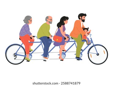 Family riding tandem bicycle together. Mother, father, grandmother, grandfather and child. Happy family concept.