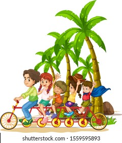 Family Riding Tandem Bike On The Beach Illustration