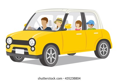 Family riding the Yellow car,Isolated