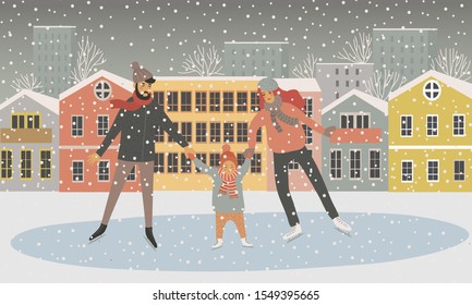 Family at the rink on the background of houses. Father, mother and child are skating and it is snowing. Flat cartoon vector hand-drawn illustration isolated on white background.