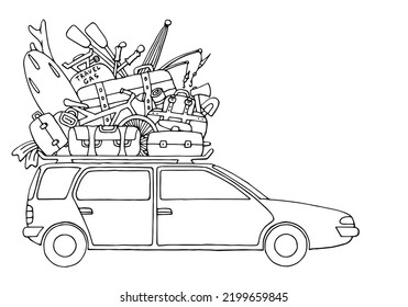 Family Road Trip Car Packed With Travel Gear, Suitcases, Surfboards, Fins, Fishing Rods, Bike, Gas Bottle For Cooking, Sun Umbrella.	Coloring Page.