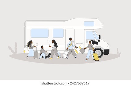 Family road trip. Caravan, camper trailer travelling vacation. Summer holiday journey. Vector flat illustration.