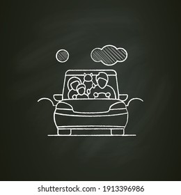 Family road trip chalk icon. Happy parents, child and pet travel in car on holiday. Traveling on vacation tourist transport on road concept. Isolated vector illustration on chalkboard