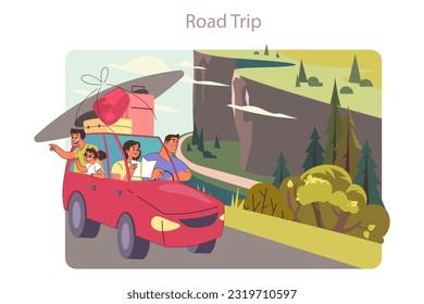 Family road trip. Couple with kids going on vacation by a car. Mom dad and children in a red automobile. Flat vector illustration