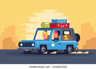 Family road trip with dog on classic car and things on the roof. Concept man, woman, pet on journey, traveling.Vector illustration.