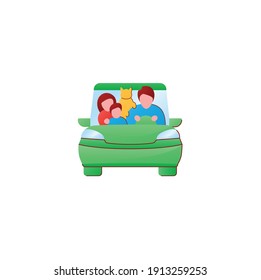 Family road trip flat icon. Happy parents, child and pet travel in car on holiday. Traveling on vacation tourist transport on road concept. 3D color vector illustration