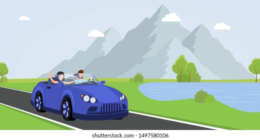 Family road trip flat vector illustration. Cheerful young couple, happy husband and wife driving cabriolet cartoon characters. People traveling by car, summer season vacation, tourist adventure