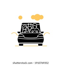 Family road trip glyph icon. Happy parents, child and pet travel in car on holiday. Traveling on vacation tourist transport on road concept. Filled flat sign. Isolated silhouette vector illustration