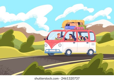 Viaje familiar. Padres felices perro de niño conduce a vacaciones de viaje de verano en el coche con equipaje, viaje turístico divertido fin de semana de vacaciones transporte de equipaje Ilustración vectorial de viaje coche de vacaciones