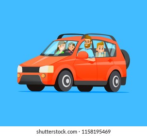 Family Road Trip. Happy family traveling by car. Father, mother, son and daughter. Family travel on a red car. Vector flat style illustration.