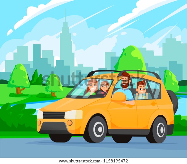 Family Road Trip. Happy\
family traveling by car. Father, mother, son and daughter. A trip\
to the countryside. Vector flat style illustration. Travelling by\
car.