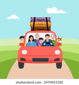 Family road trip on a car. Happy mom, dad, grandparents, son, daughter with a dog on holiday. Traveling by car on the countryside road. Tourism concept.