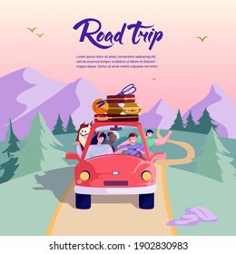 Family road trip on a red car. Happy mom, dad, son with a dog on holiday. Traveling by car on the countryside road. Tourism concept. Mountain landscape. Funny cartoon characters.