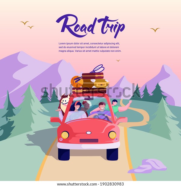 Family road trip on\
a red car. Happy mom, dad, son with a dog on holiday. Traveling by\
car on the countryside road. Tourism concept. Mountain landscape.\
Funny cartoon\
characters.
