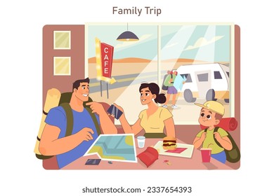 Family road trip. Parents with son going on vacation by a car. Mom, dad, grandparents and little boy traveling by caravan trailer. Flat vector illustration