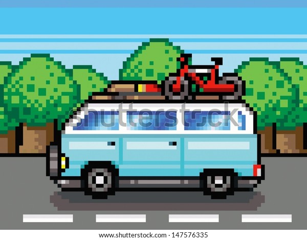 family road trip summer vacation holidays\
pixel-art retro style\
vector
