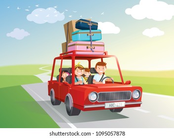 Family road trip. travel by car with kids. Vector, illustration.