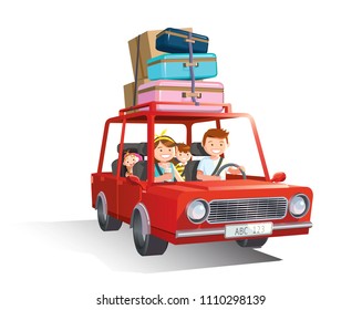 Family road trip. travel by car with kids on white background. Vector, illustration.