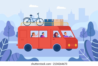 Family road trip in van flat vector illustration. Mother, father and kids travelling by car or camper during summer vacation, spending time together and having fun. Adventure, journey concept