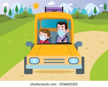 Family Road Trip Vector Concepts: Father And Son Traveling By Car While Wearing Face Mask During Summer Time