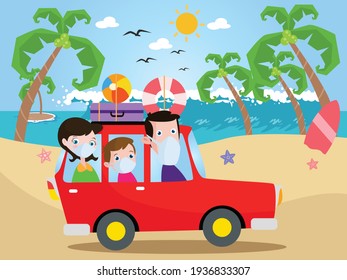 Family Road Trip Vector Concepts: Happy Family Traveling By Car While Wearing Face Mask On The Beach During Summer Time