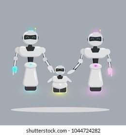 family of robots,   flying, luminous, beautiful modern friendly 
 robot, vector illustration, gray background
