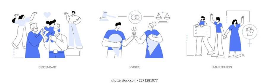 Conjunto de ilustraciones vectoriales de concepto abstracto de roles familiares. Relación entre descendientes y generaciones, divorcio de padres, emancipación e igualdad de derechos sociales, metáfora abstracta de separación matrimonial.