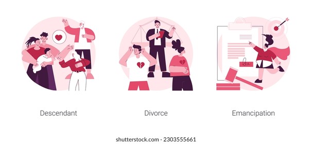 Conjunto de ilustraciones vectoriales de concepto abstracto de roles familiares. Relación entre descendientes y generaciones, divorcio de padres, emancipación e igualdad de derechos sociales, metáfora abstracta de separación matrimonial.