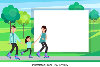 Family roller skating together vector in park on background of trees and bushes with white frame for text. Parents teach child to skate on rollers